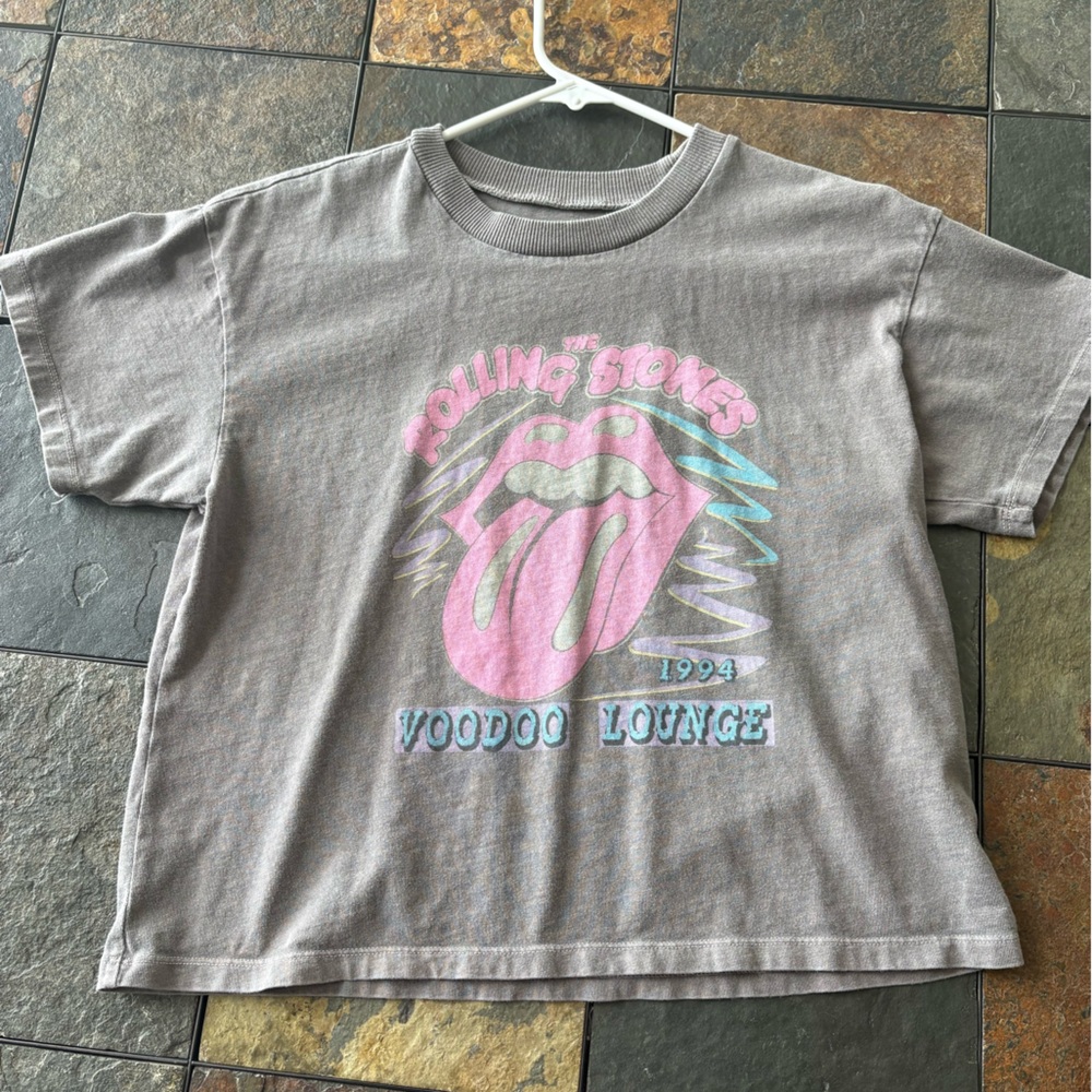 the Rolling Stones Gray Kids Tee with Pink & Teal Logo